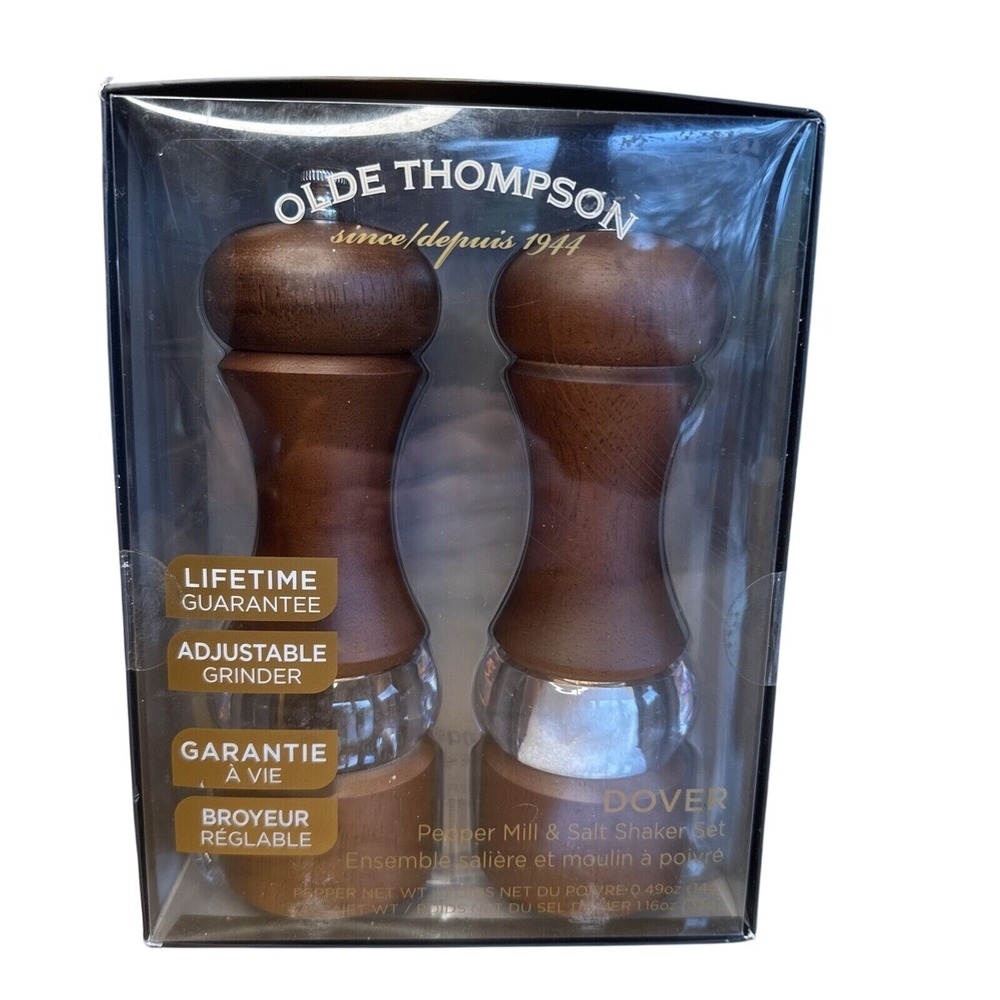 Olde Thompson (Dover) Wood Salt Shaker and Pepper Mill Set Lifetime Warranty NIB